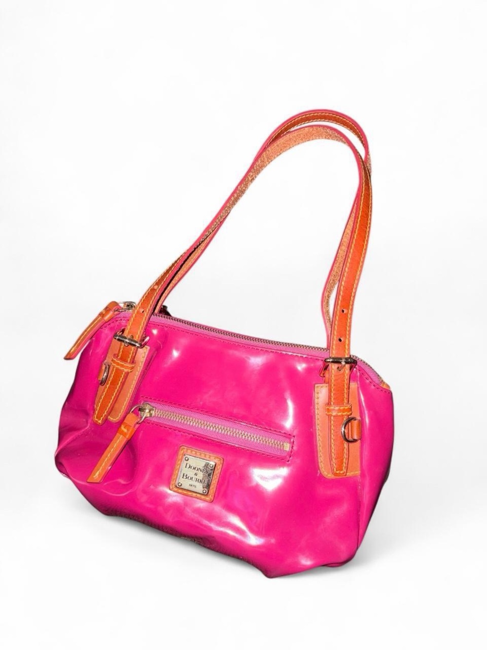 Dooney & Bourke Bright Pink Patent Shoulder Bag with Tan Straps